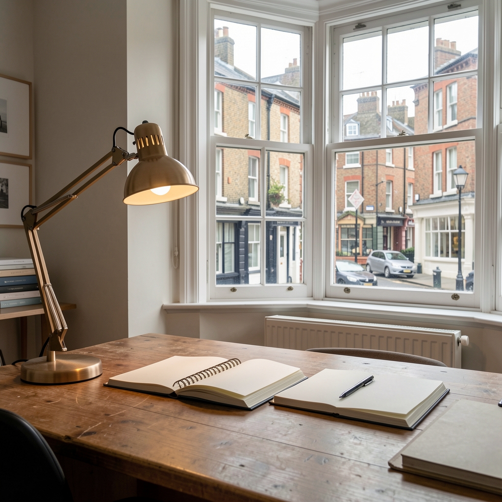 Bedroom with blackout curtains drawn, single warm bedside light on, notebook and water glass on bedside table, calm sleep preparation environment