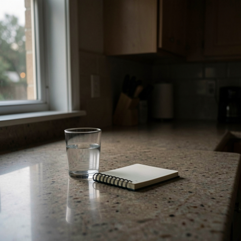 Quiet kitchen counter in dim evening light with a single glass of water and a small notebook, no overhead lighting, window glow only