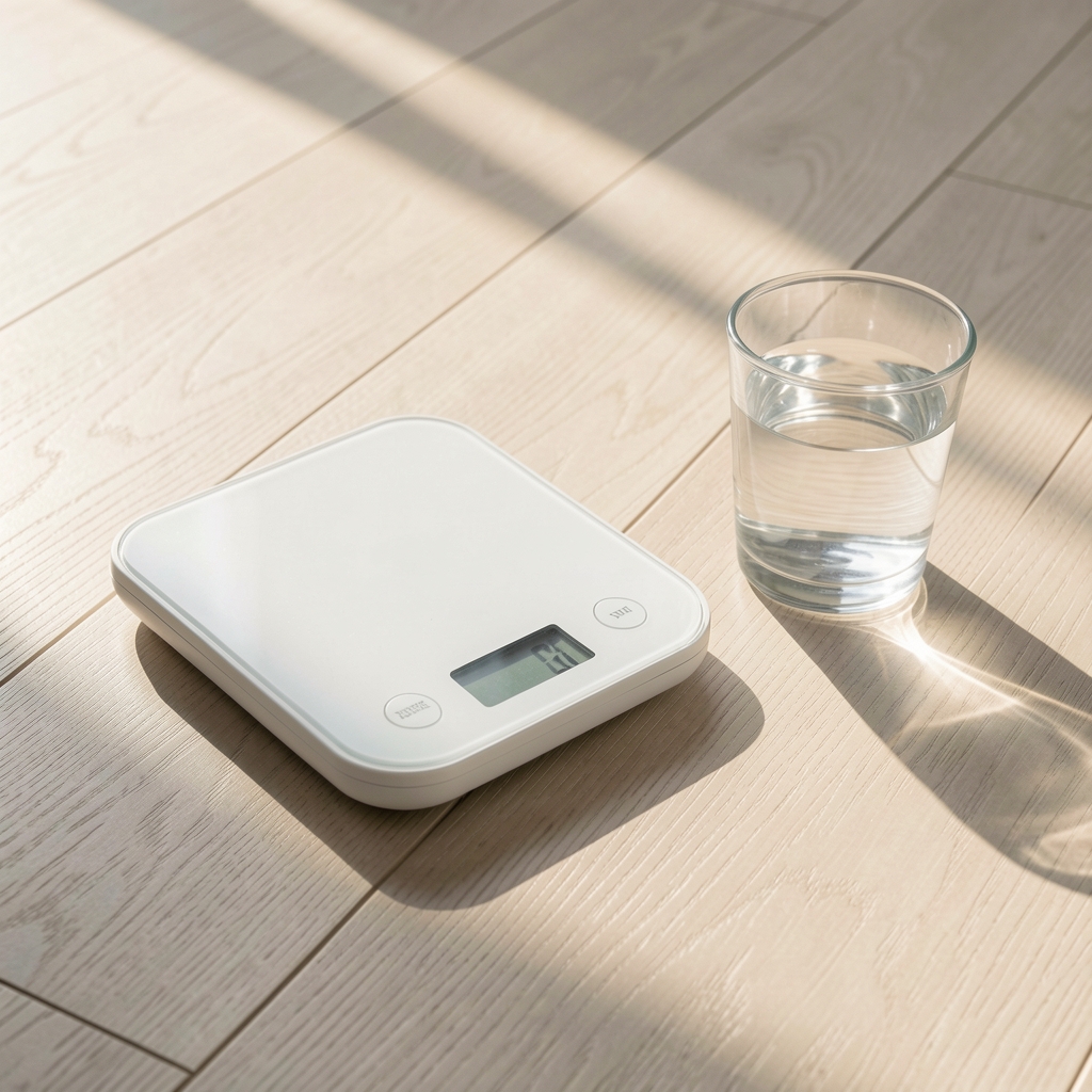 Morning sunlight on a pale wooden floor next to a white scale and a glass of water, minimal composition suggesting daily measurement ritual