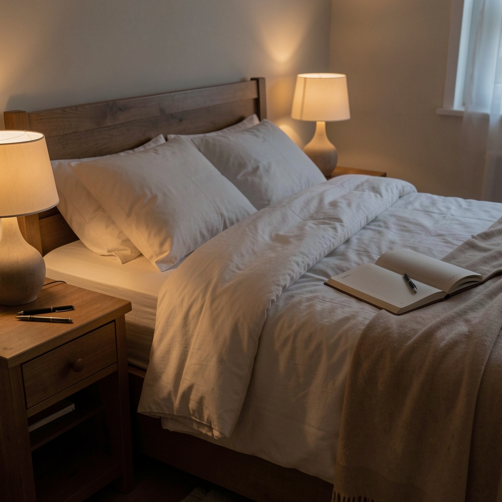 Quiet bedroom with dim warm lighting and a bedside notebook open on a wooden table, sleep environment for rest and recovery