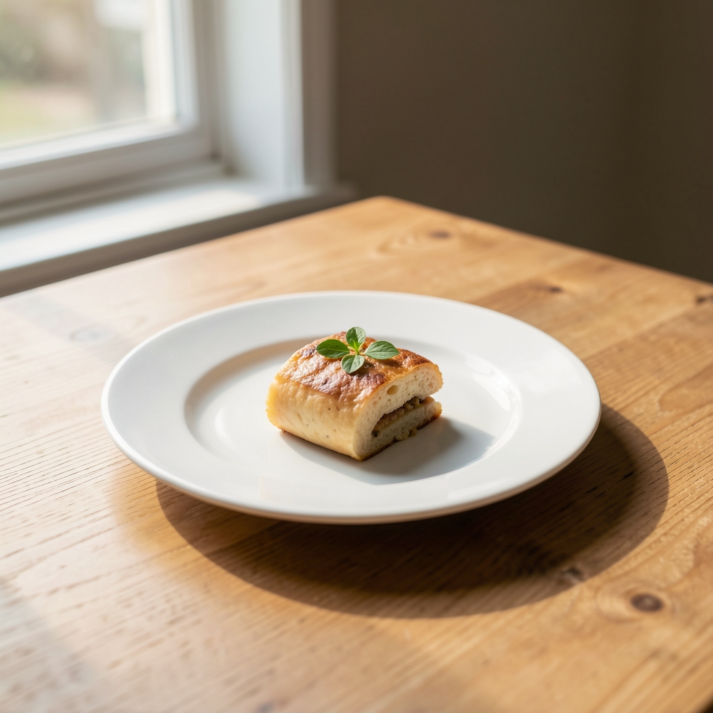 A single portion of food on a white plate on a wooden table, morning light through window, simple minimal arrangement, no extras visible